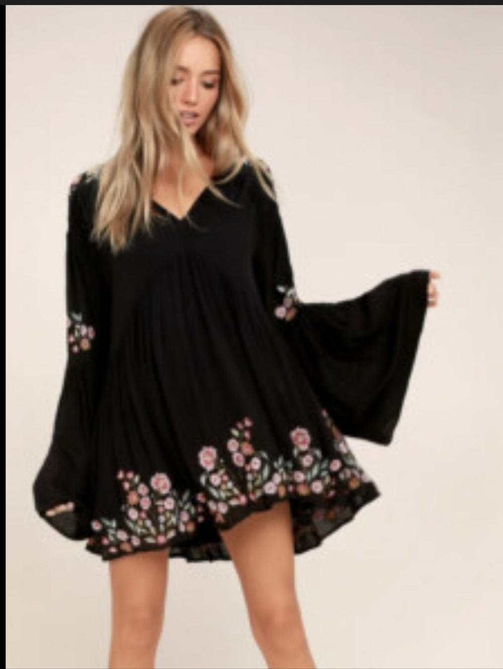 Free People Black Floral Embroidered Bell-Sleeve Mini Dress L